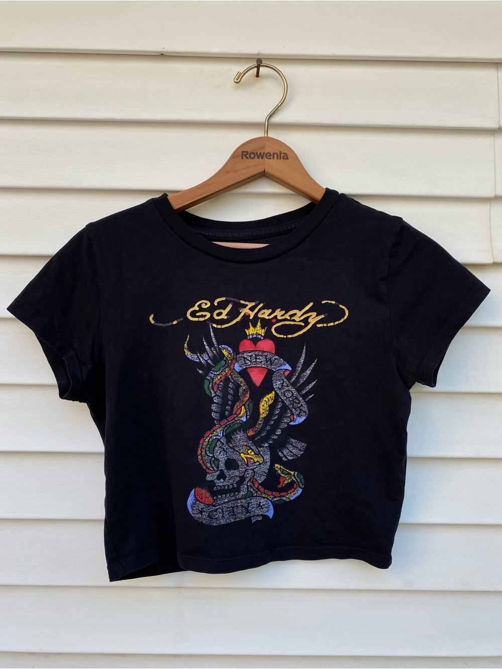 Vintage Ed Hardy Charcoal Black Tattoo Skull Cropped Baby Tee - M